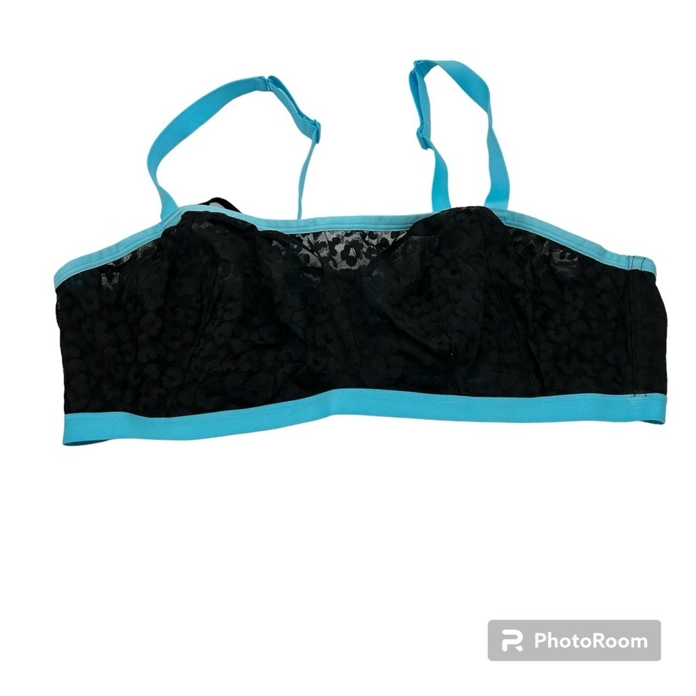 Cacique unlined bandeau bra neon blue & black lace size 44D
